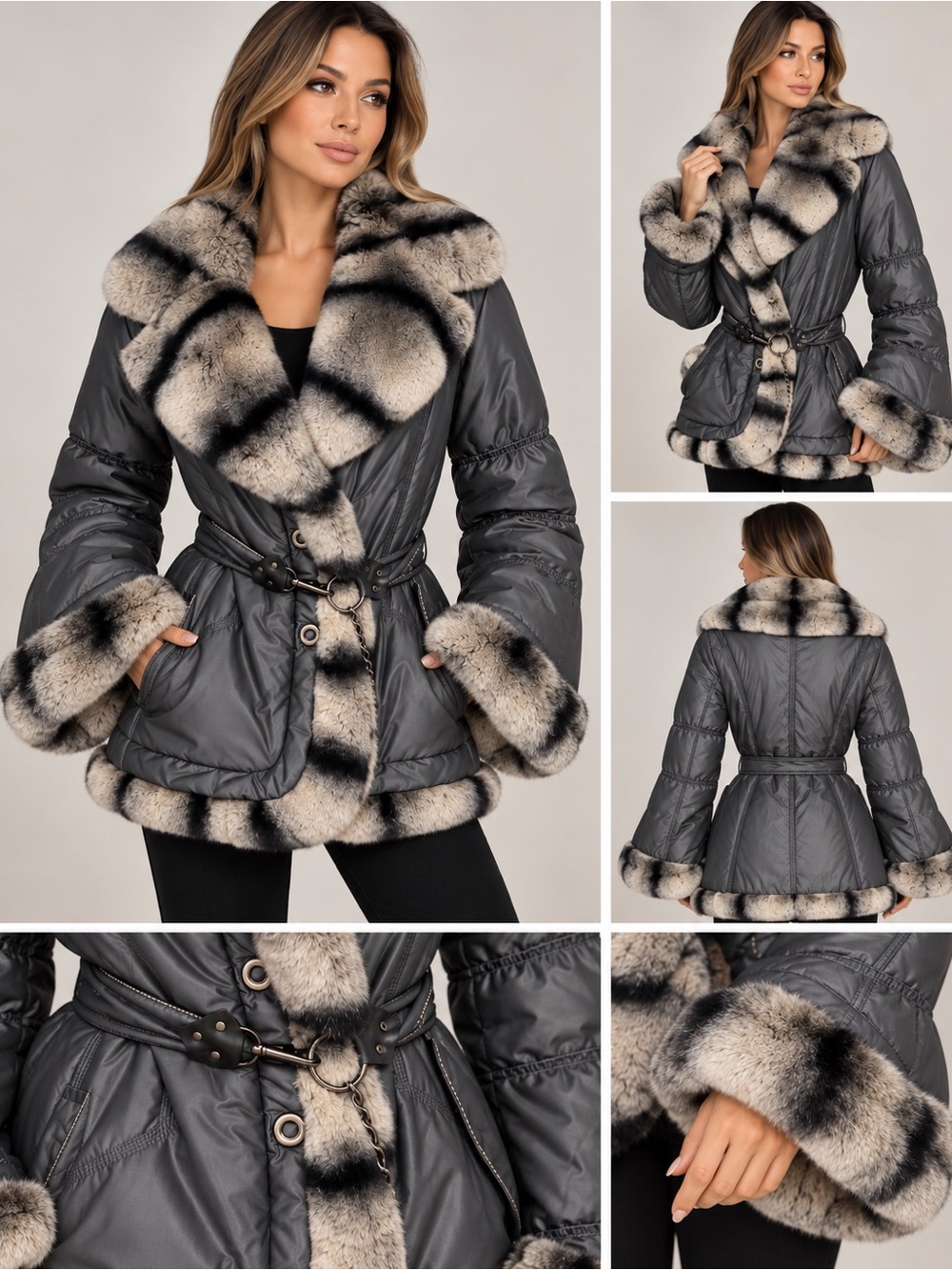 Y2K Women’s Real Fur Trim Belted Jacket Gray Size 44 Fits L